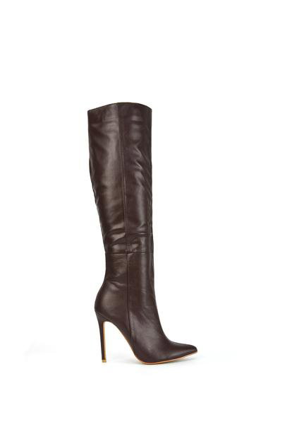 Brown 'Nora' Pointed Toe Zip Up Knee High Stiletto Heel Long Boots