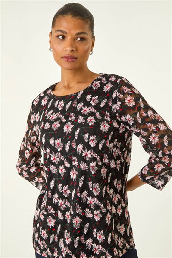 Black Floral Print Stretch Lace Top