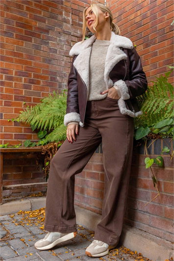 Brown Contrast Aviator Fur Coat