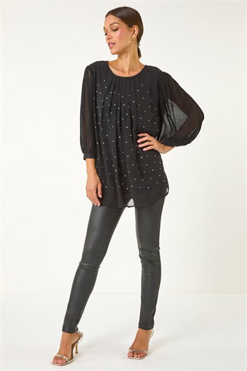 Black Pleated Sleeve Hotfix Detail Top