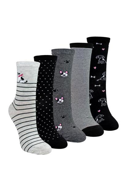 Multi 5 Pairs Ladies Dog Patterned Socks - Soft Cotton Rich Fun Dog Design Socks