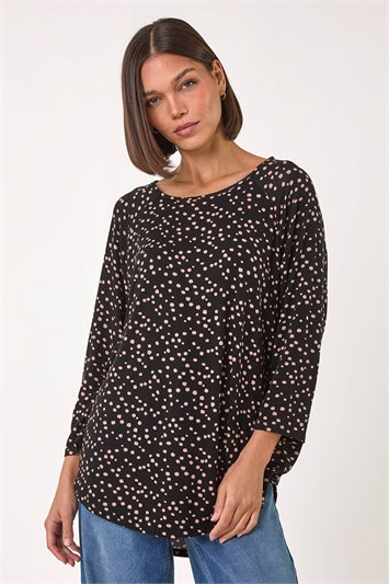 Black Spot Print Stretch Top