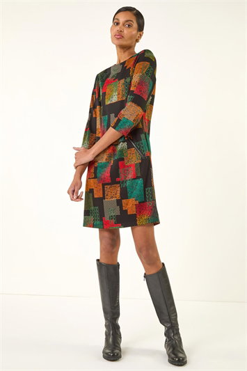 Metallic Geo Print Shift Stretch Dress