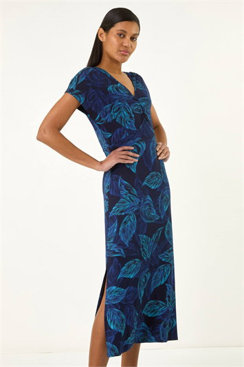 Blue Leaf Print Ruched Midi T-Shirt Dress