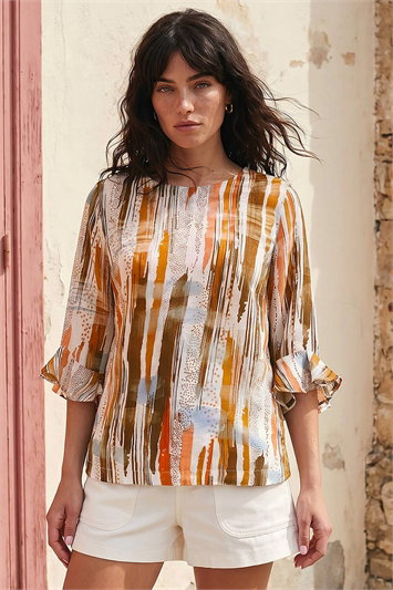 Red Abstract Print Frill Sleeve Top