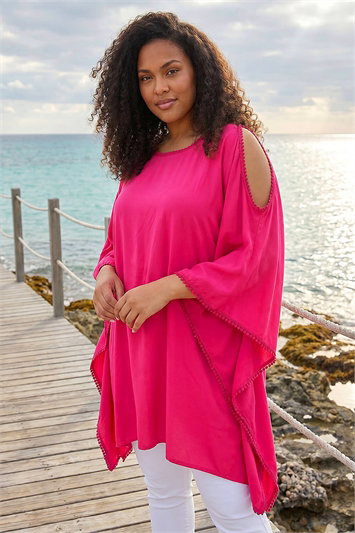 Pink Curve Bobble Trim Hanky Hem Top