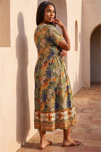 Curve Leaf Print Button Maxi Dress 14910640