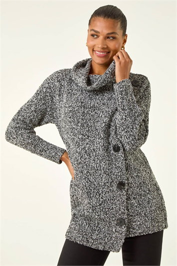 Black Roll Neck Button Detail Longline Jumper