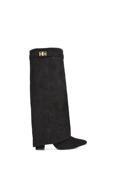 Black 'Rayna' Block Heel Knee High Foldover Boots With Pointed Toe