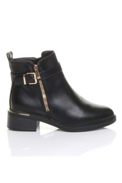 Black Gold Zip Chunky Sole Buckle Ankle Boots