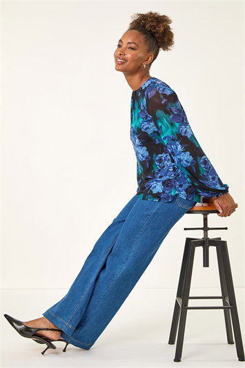 Blue Floral Mesh Top
