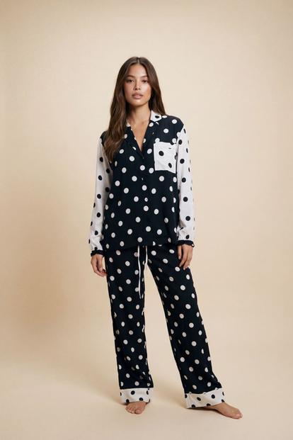 Black Polka Dot Viscose Pyjama Trouser Set