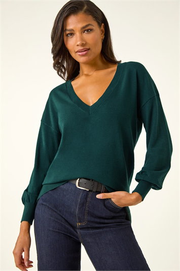 Green Plain V-Neck Stretch Longline Jumper