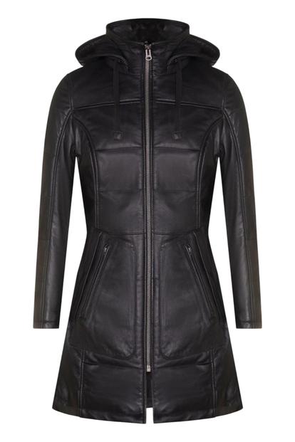 Black Leather Hooded Quilted Parka Coat-Olney