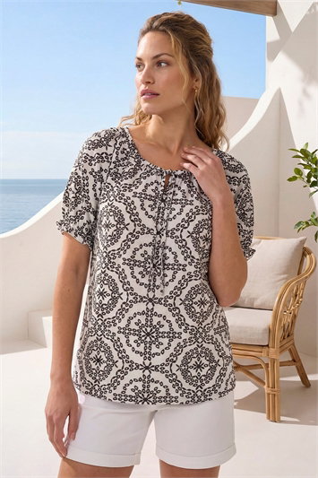 Black Mono Printed Tie Neck Top