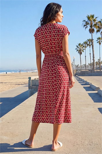 Geo Print V-Neck Stretch Midi Dress 14660078