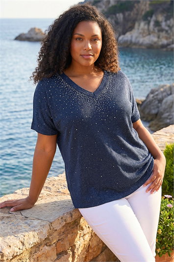 Blue Curve Shimmer Hotfix Knit Top