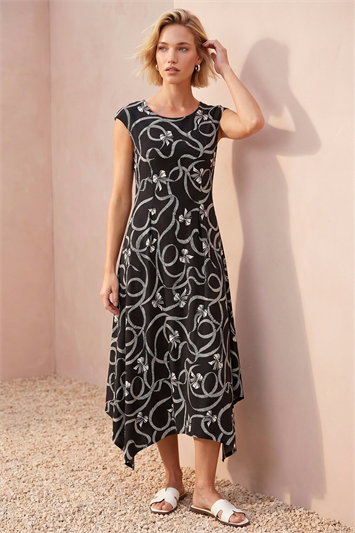 Black Bow Print Hanky Hem Maxi Dress