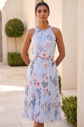 Grey Floral Pleated Halter Neck Midi Dress