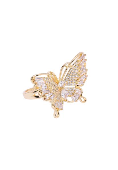 Metallic Golden Butterfly Blissful Ring - Free-Size
