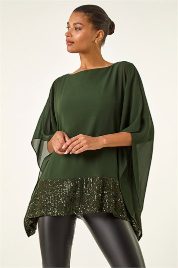 Green Sequin Hem Contrast Tunic Top
