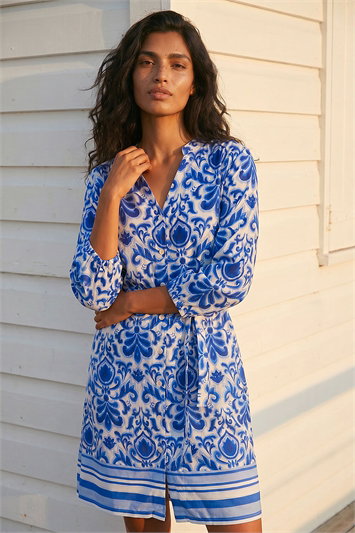 Blue Abstract Border Print Shirt Dress