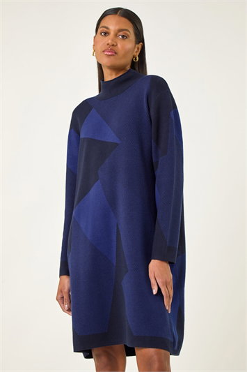 Blue Geometric Knit Jumper Dress