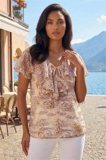 White Snake Print Frill Neck Top