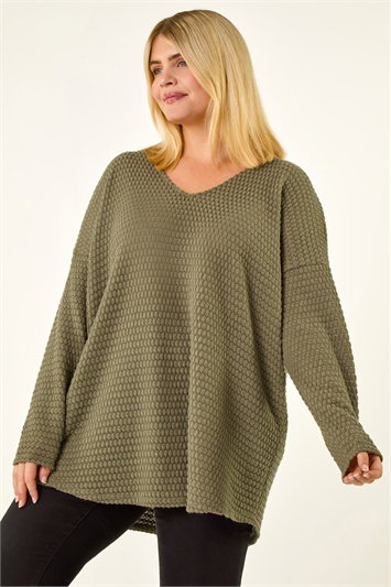 Green Curve Textured V-Neck Stretch Top