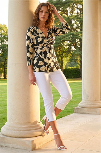Petite Floral Knot Front Stretch Top 19501608