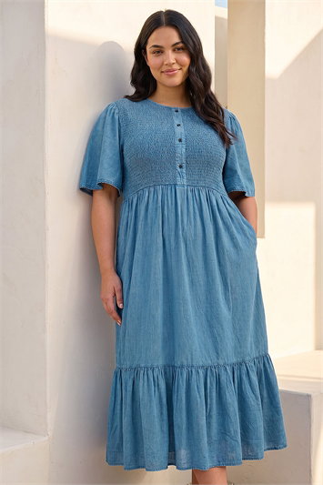 Blue Curve Denim Shirred Midi Dress