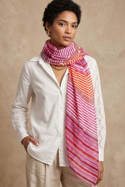 Pink Striped Lightweight Cotton Scarf In Pink