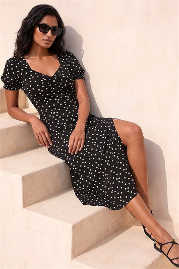 Black Polka Dot Sweetheart Neck Stretch Midi Dress