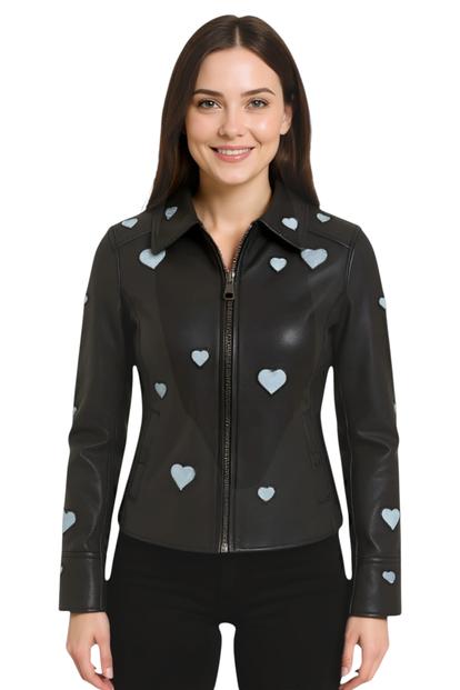 Grey Leather Hearts Biker Jacket - Malta