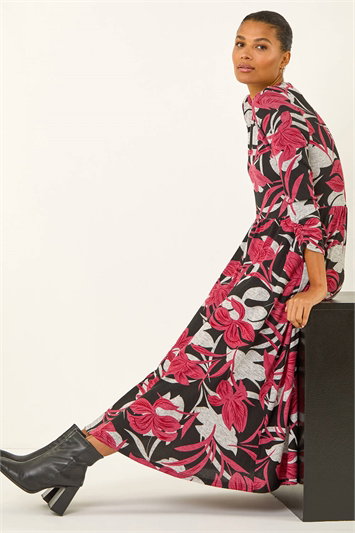 Red Floral Print Pocket Midi Dress