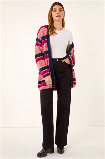 Pink Fluffy Stripe Knit Cardigan
