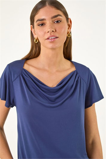 Blue Cowl Neck Stretch Top