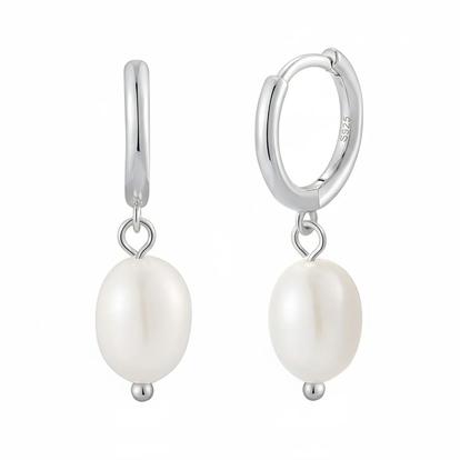 Metallic Minimalist Freshwater Pearl Silver Huggie Hoop Earrings