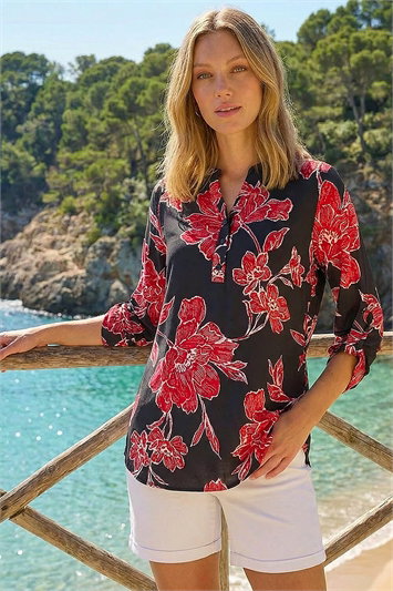Black Floral Puff Print Stretch Shirt