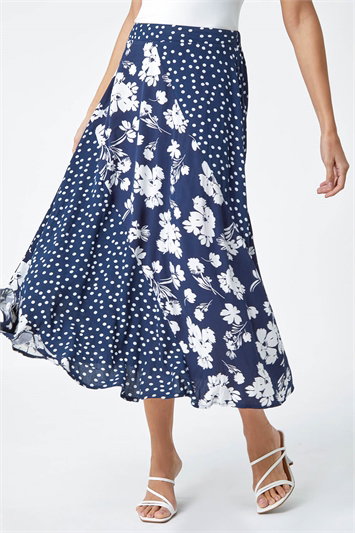 Blue Mixed Floral Spot Print A Line Midi Skirt