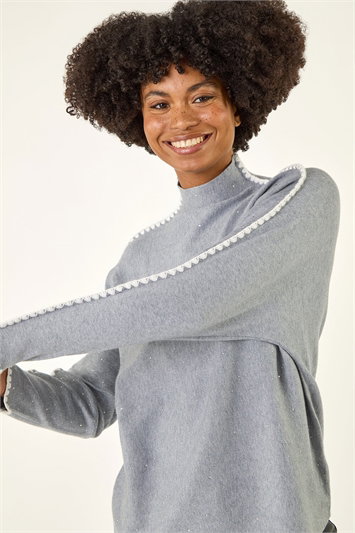 Grey Hotfix Blanket Stitch Knit Jumper