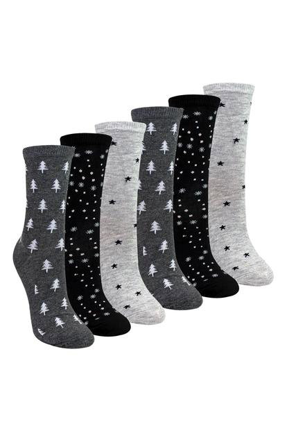 Multi 6 Pairs Ladies Stars And Trees Patterned Socks - Soft Cotton Rich Everyday Socks