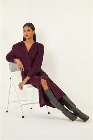 Red Corduroy Button Down Midi Dress