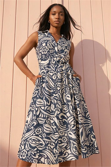 Blue Petite Abstract Midi Shirt Dress