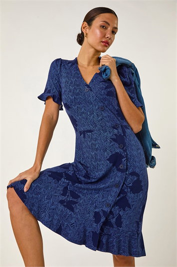 Blue Floral Side Button Dress