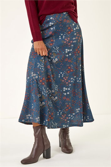 Blue Ditsy Floral Print Stretch Skirt