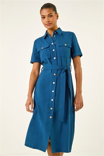 Blue Button Belted Collared Shirt Dress