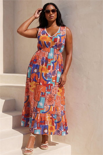 Red Curve Postcard Print V-Neck Maxi Dress