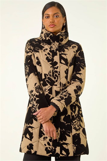 Cream Floral Flock Detail Padded Coat