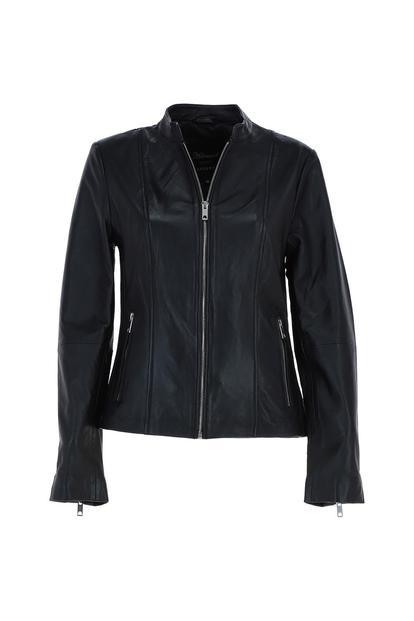 Black 'Kate' Real Leather Mandarin Collar Biker Jacket